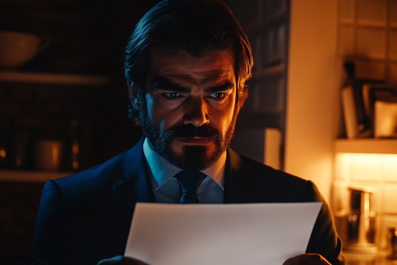 Ein Mann denkt nach, während er einen Zettel liest | Quelle: Midjourney