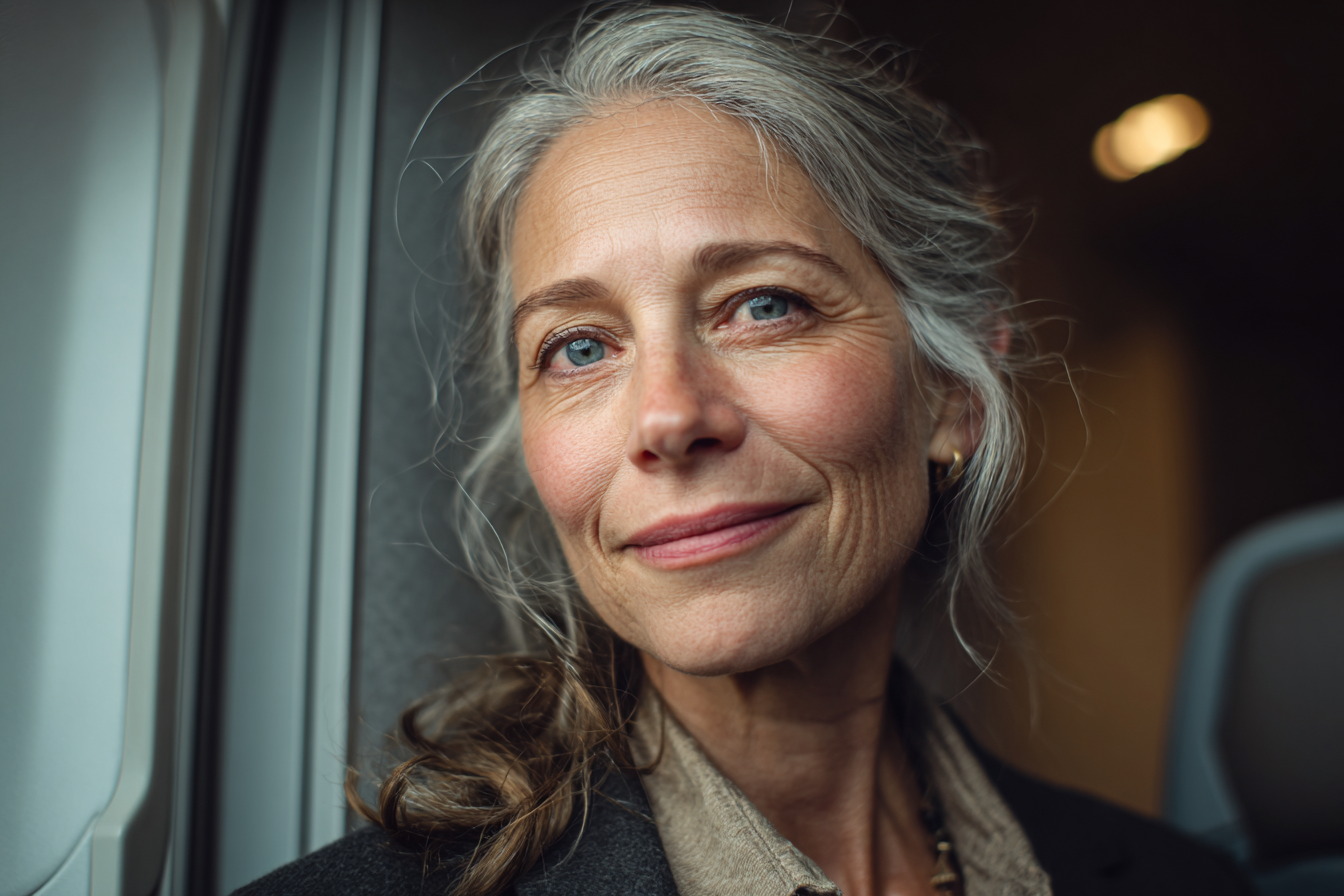 Eine ältere Frau, die in einem Flugzeug steht | Quelle: Midjourney