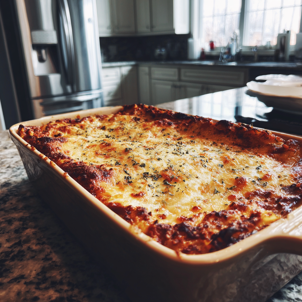 Ein Auflauf mit Lasagne auf einer Küchentheke | Quelle: Midjourney