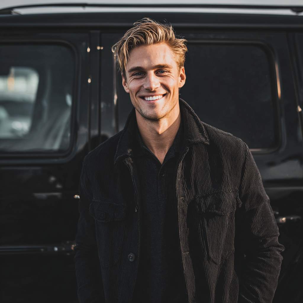 Ein lächelnder Mann steht vor einem schwarzen SUV | Quelle: Midjourney