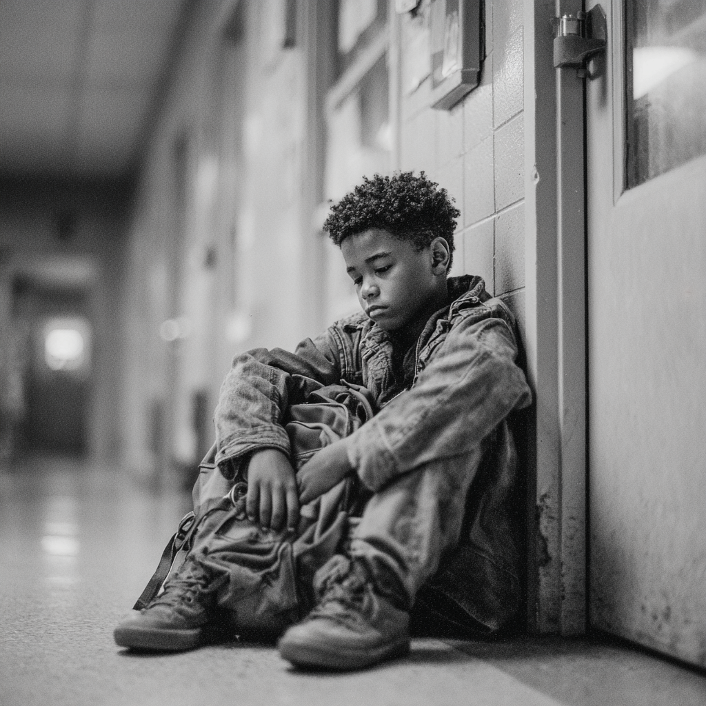 Ein trauriger Junge sitzt auf dem Boden | Quelle: Midjourney
