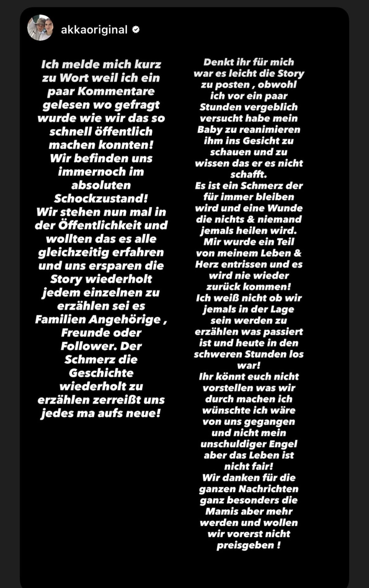 Screenshot aus der Story des Paares indem sie ihrem verstorbenen Sohn gedenken | Quelle: Instagram/akkaoriginal