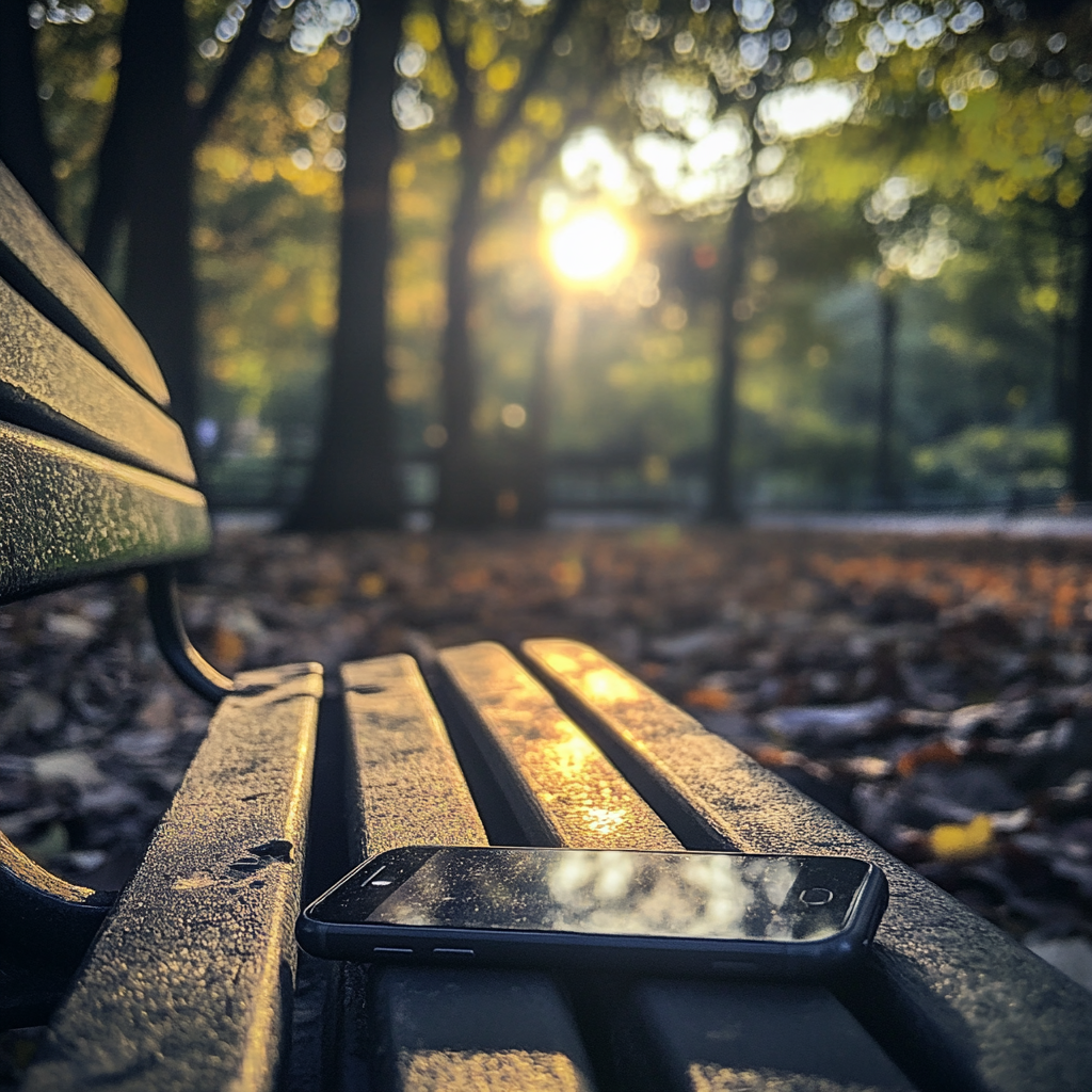 Ein Mobiltelefon auf einer Parkbank | Quelle: Midjourney