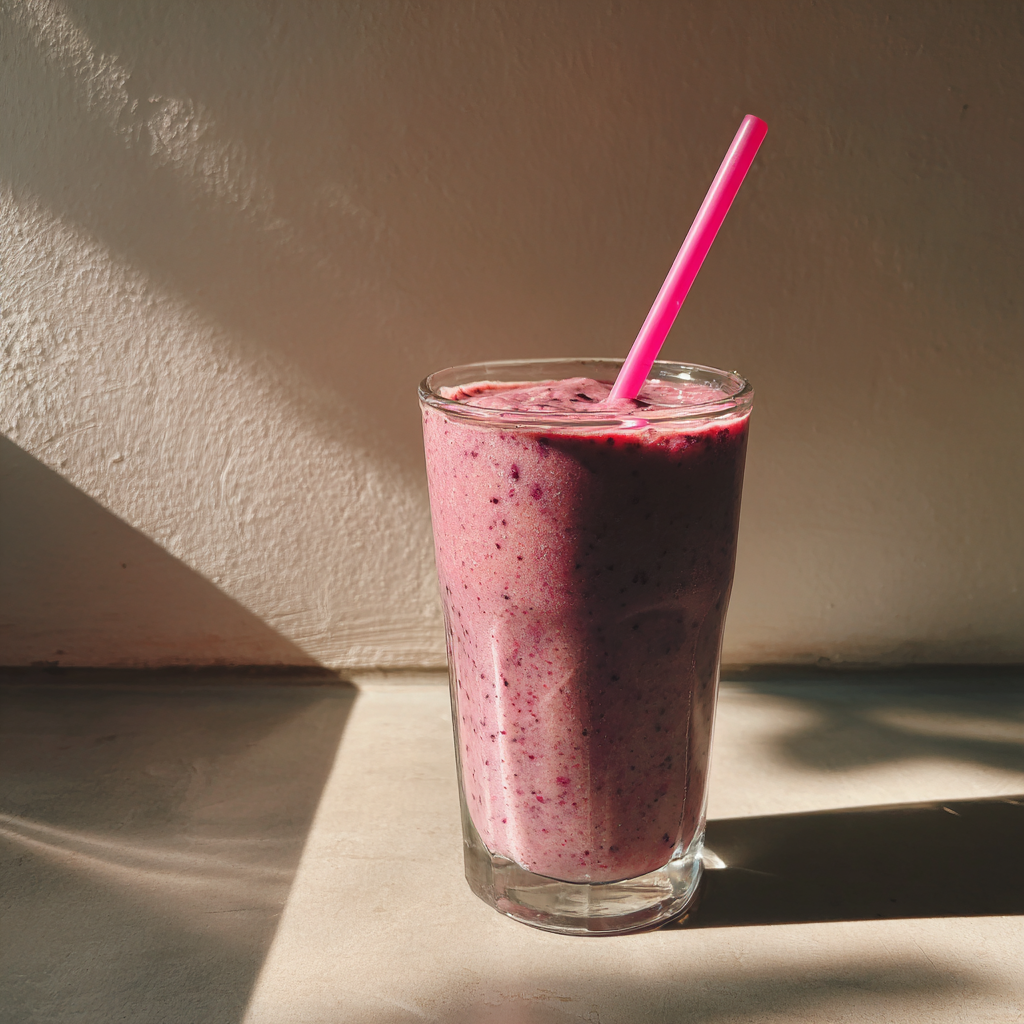 Ein Smoothie mit einem Strohhalm auf einem Tresen | Quelle: Midjourney