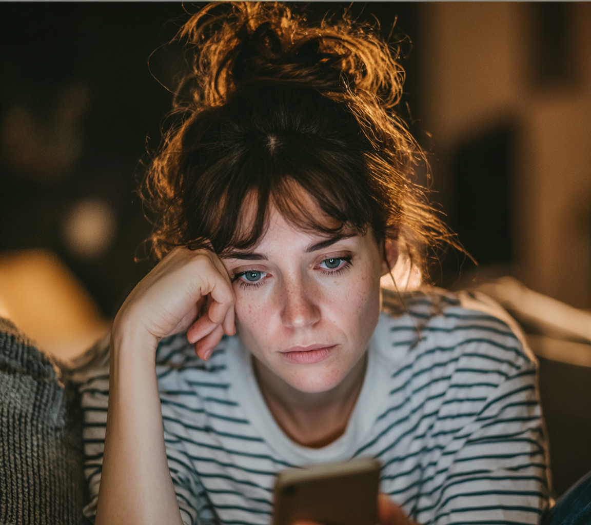 Eine Frau sitzt und benutzt ihr Handy | Quelle: Midjourney