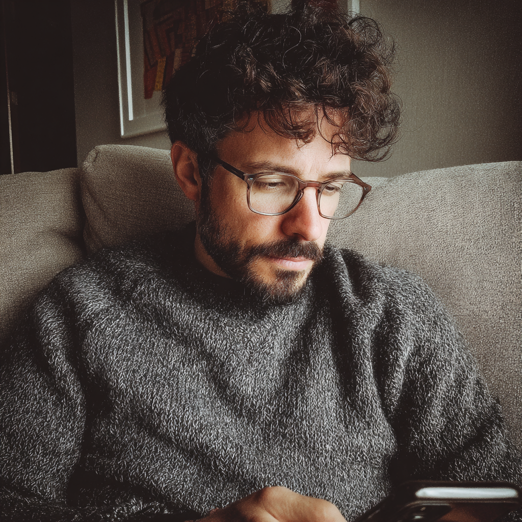 Ein Mann sitzt auf einer Couch und benutzt sein Telefon | Quelle: Midjourney