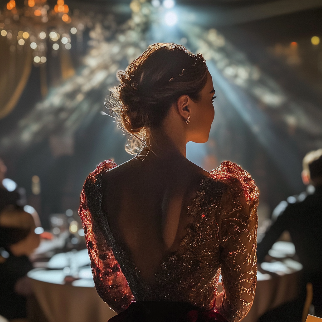 Frau in einem schönen Kleid auf einer Party | Quelle: Midjourney