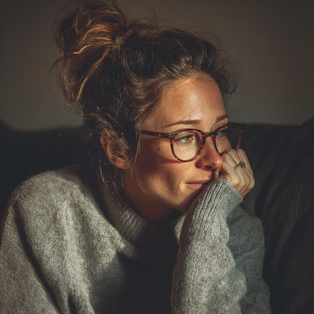 Eine emotionale Frau, die auf einer Couch sitzt | Quelle: Midjourney