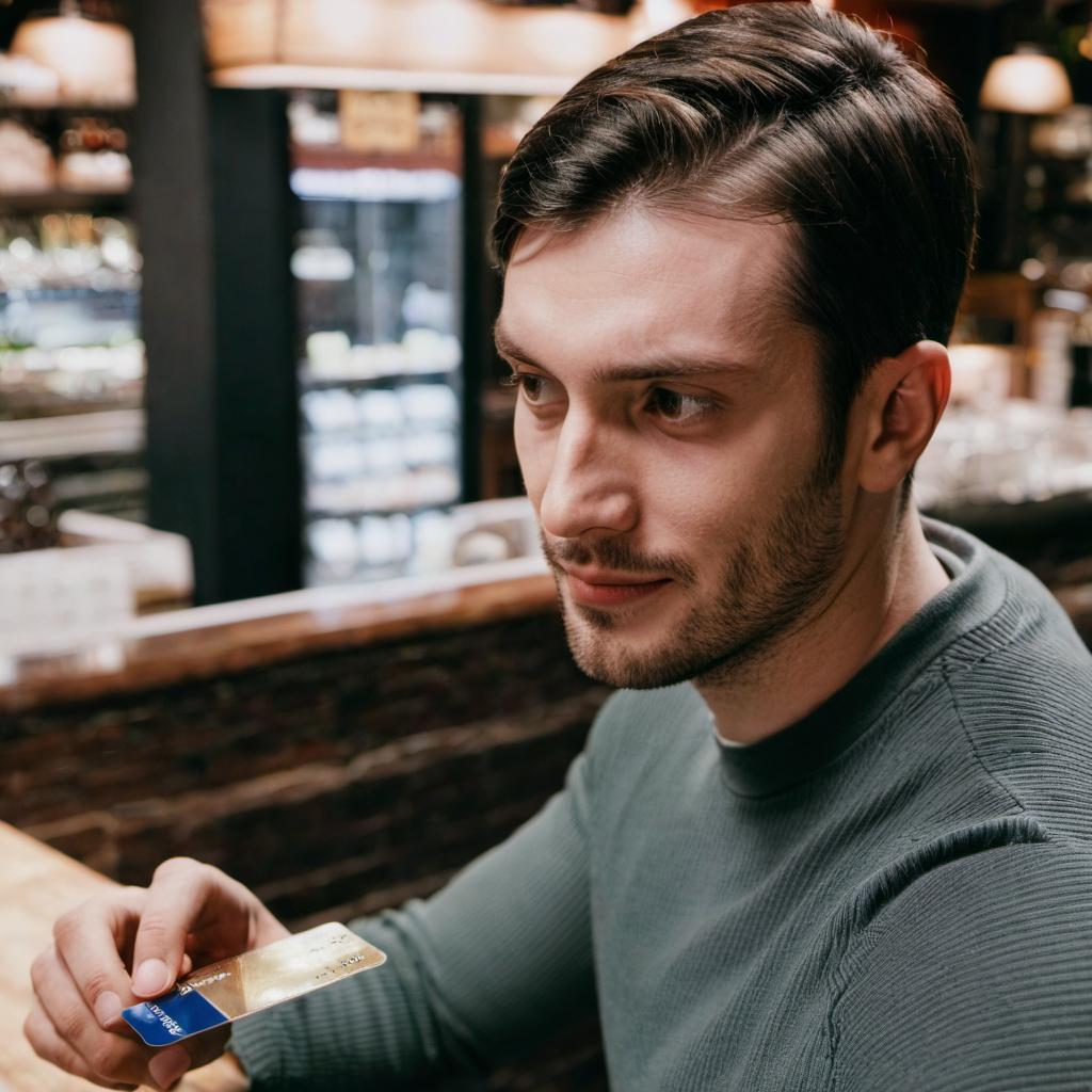 Stewart okazuje kartę kredytową, aby zapłacić za posiłek | Źródło: Midjourney