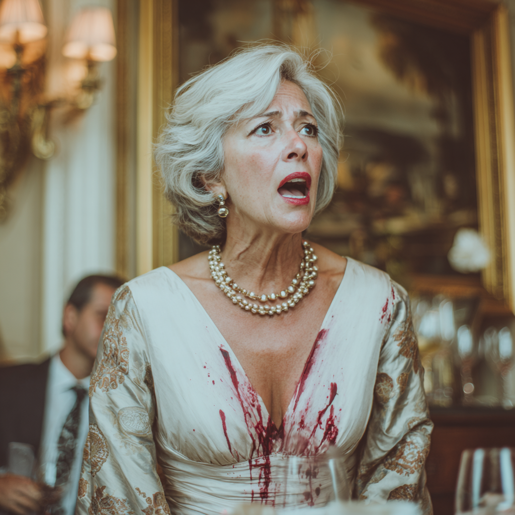 Eine schockierte Frau mit einem Weinfleck auf ihrem Kleid | Quelle: Midjourney