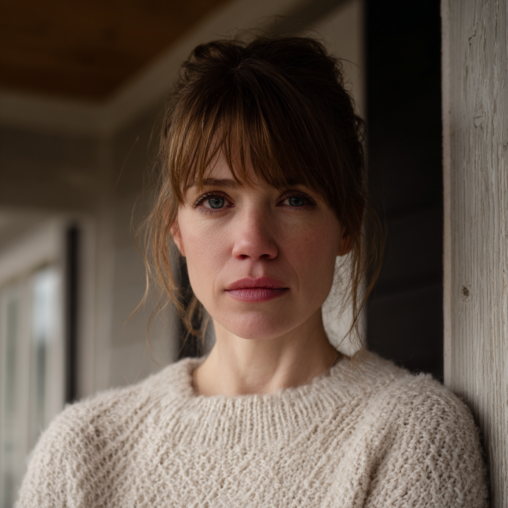 Eine nachdenkliche Frau, die einen weißen Pullover trägt | Quelle: Midjourney