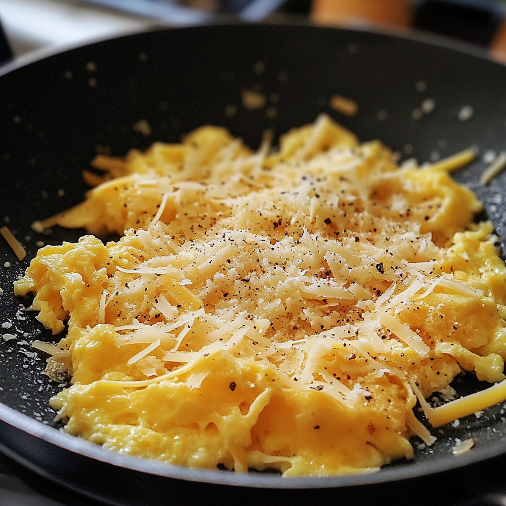 Rührei mit Käse in einer Pfanne | Quelle: Midjourney