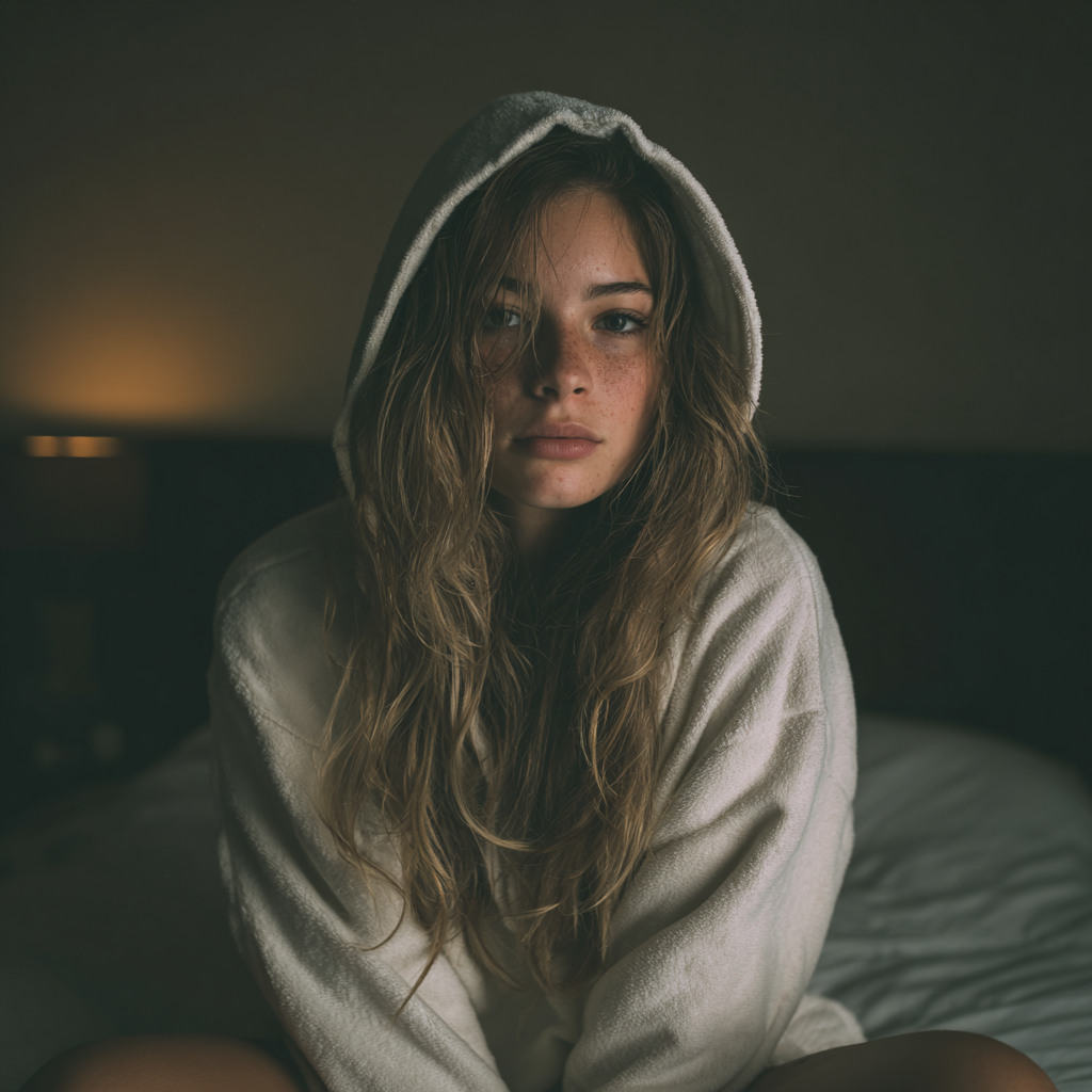 Eine aufgebrachte Frau, die auf einem Bett sitzt | Quelle: Midjourney