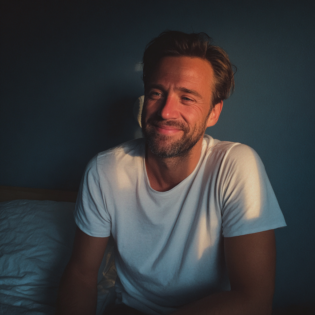 Ein lächelnder Mann, der auf einem Bett sitzt | Quelle: Midjourney