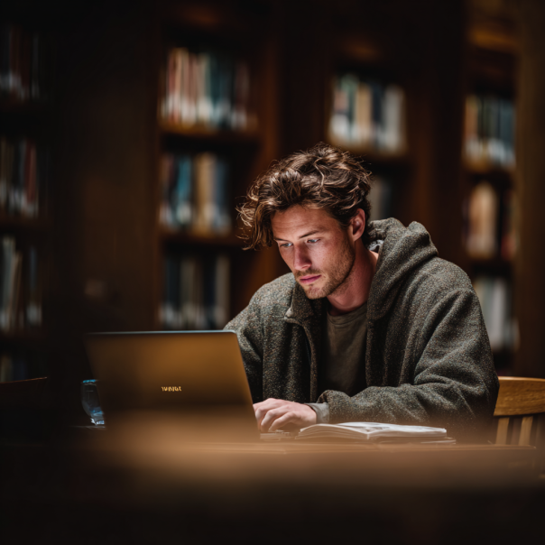 Ein Mann arbeitet an seinem Laptop in der Bibliothek | Quelle: Midjourney