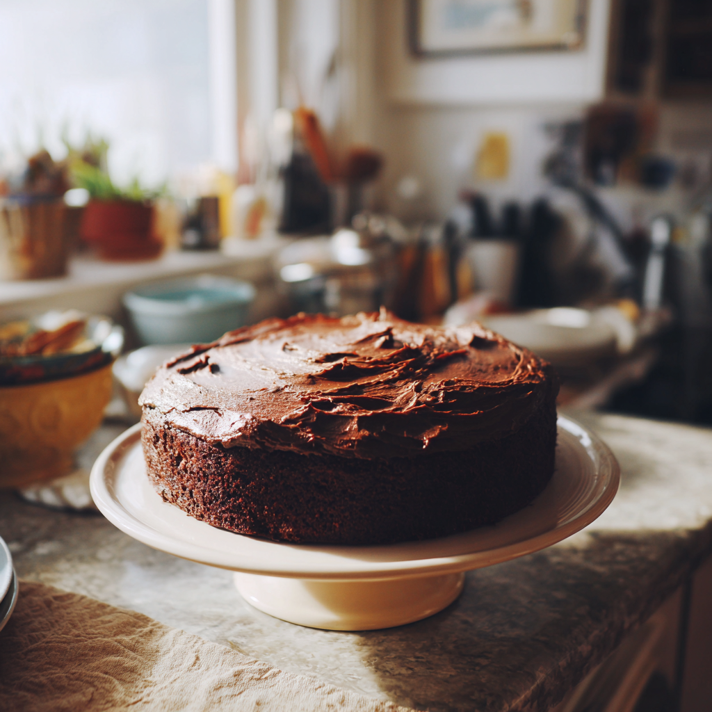 Ein Schokoladenkuchen auf einer Küchentheke | Quelle: Midjourney