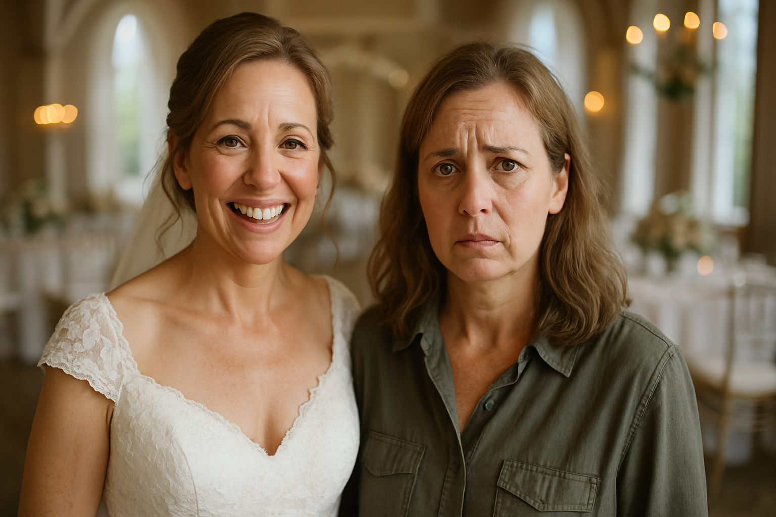 Frau im Hochzeitskleid neben einer Frau im Hemd | Quelle: Sora
