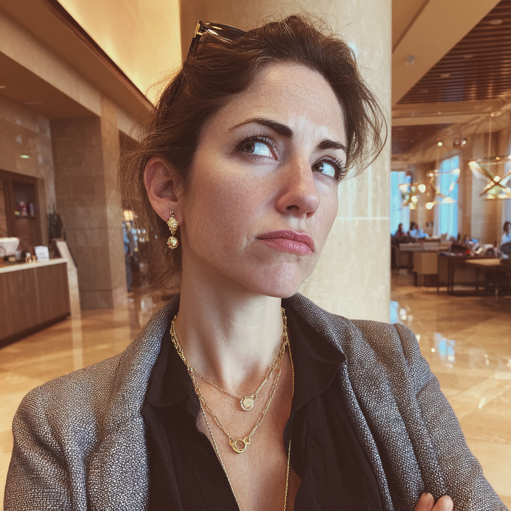 Ein verlegener Gast in einer Hotellobby | Quelle: Midjourney
