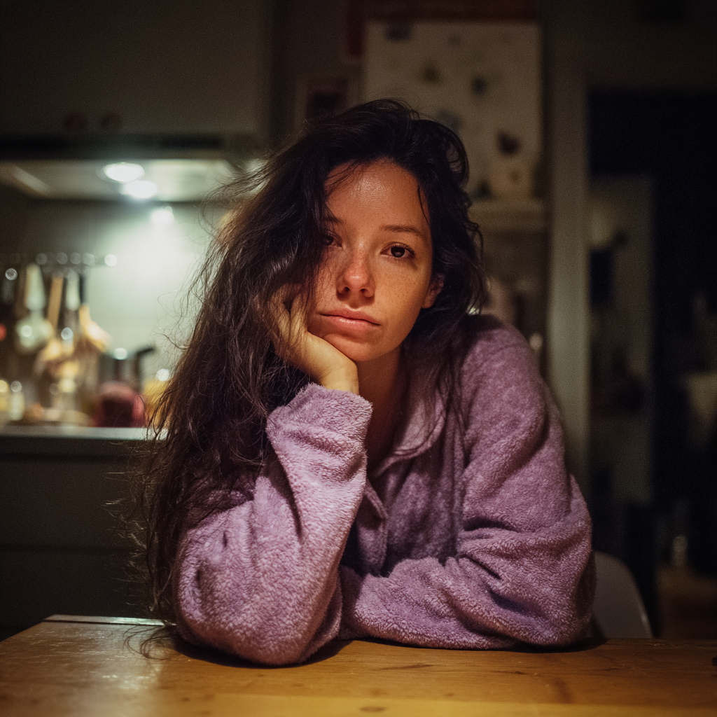 Eine emotionale Frau, die am Küchentisch sitzt | Quelle: Midjourney