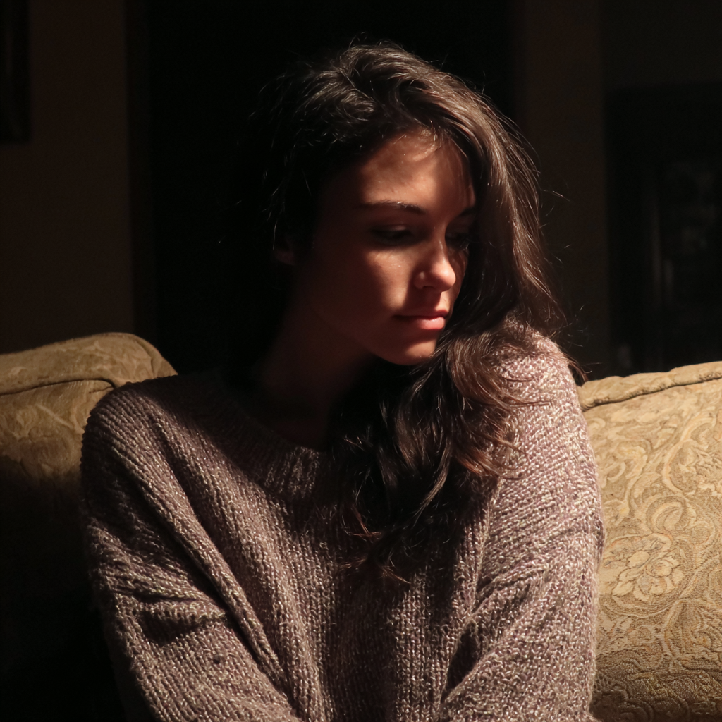 Eine nachdenkliche Frau sitzt auf einer Couch | Quelle: Midjourney