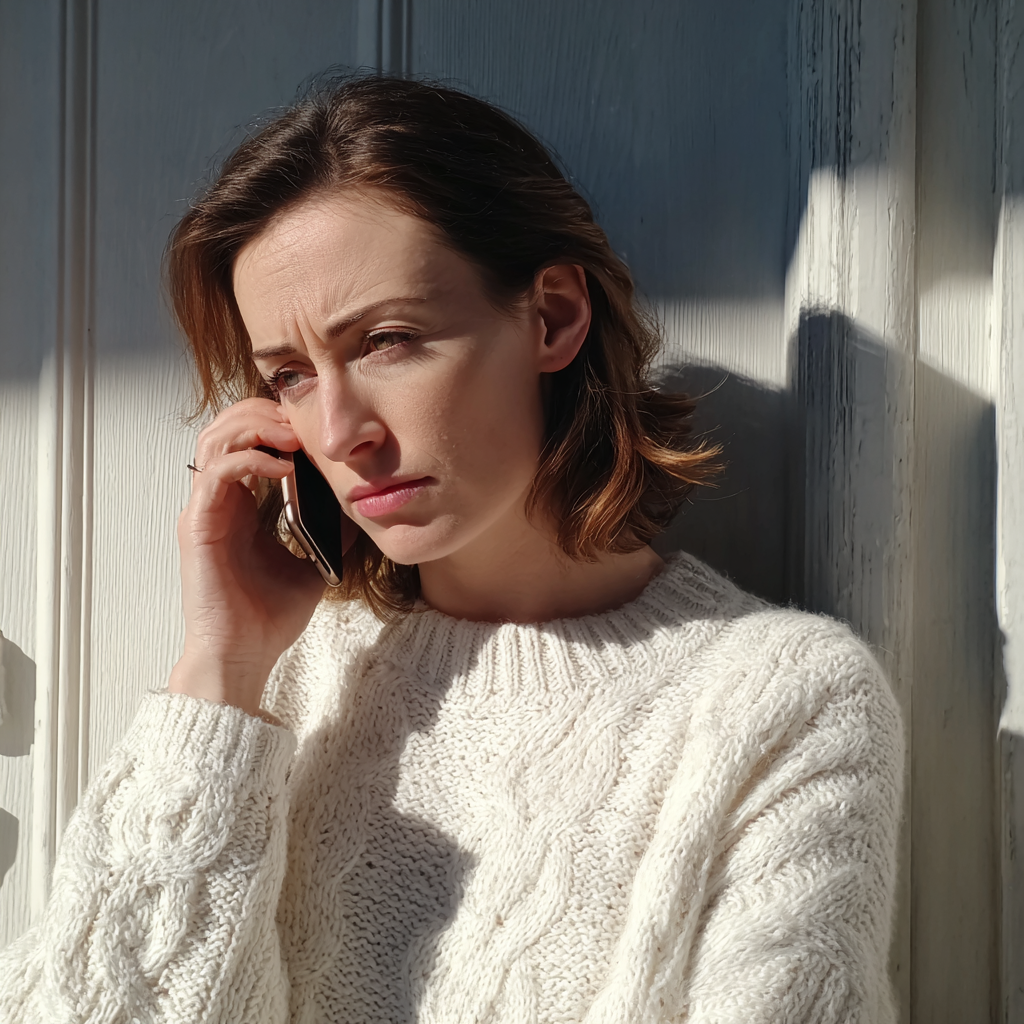 Eine stirnrunzelnde Frau, die am Telefon spricht | Quelle: Midjourney