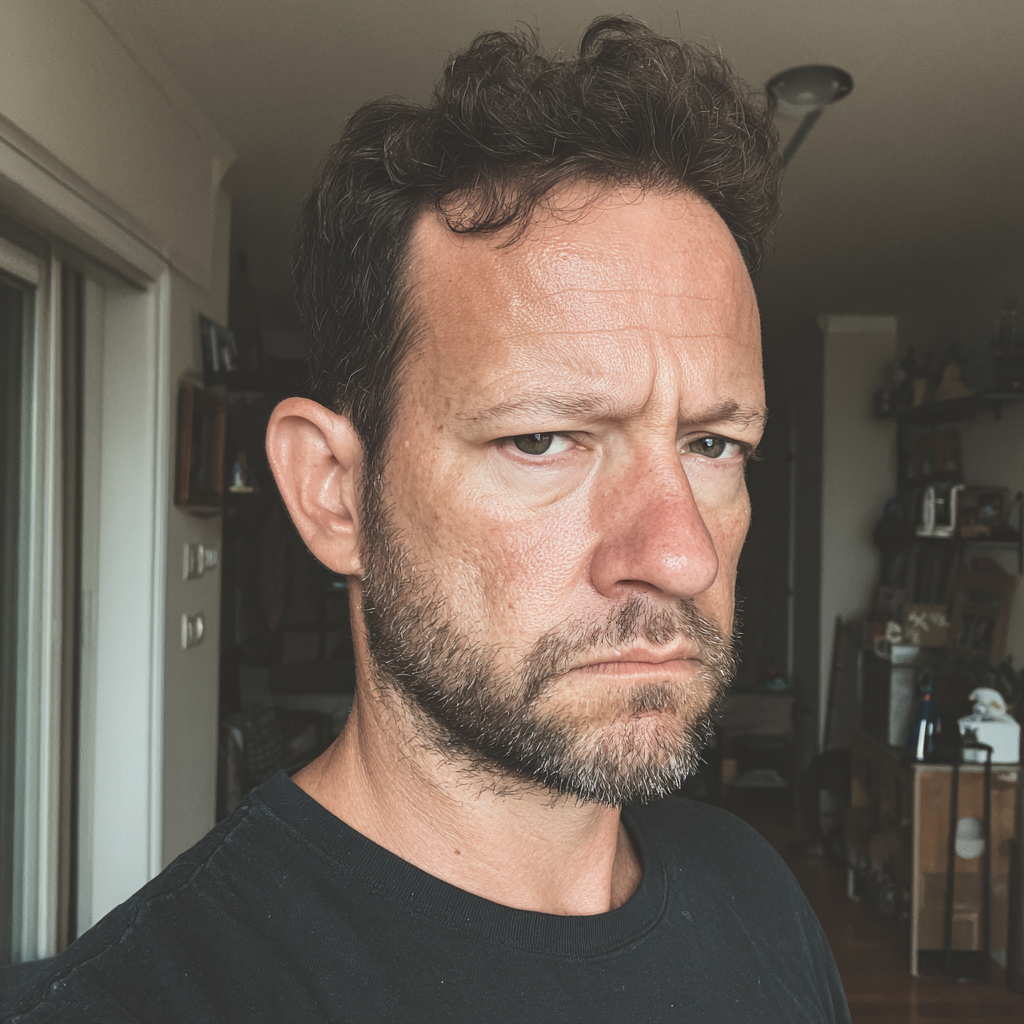 Ein stirnrunzelnder Mann mit einem schwarzen T-Shirt | Quelle: Midjourney