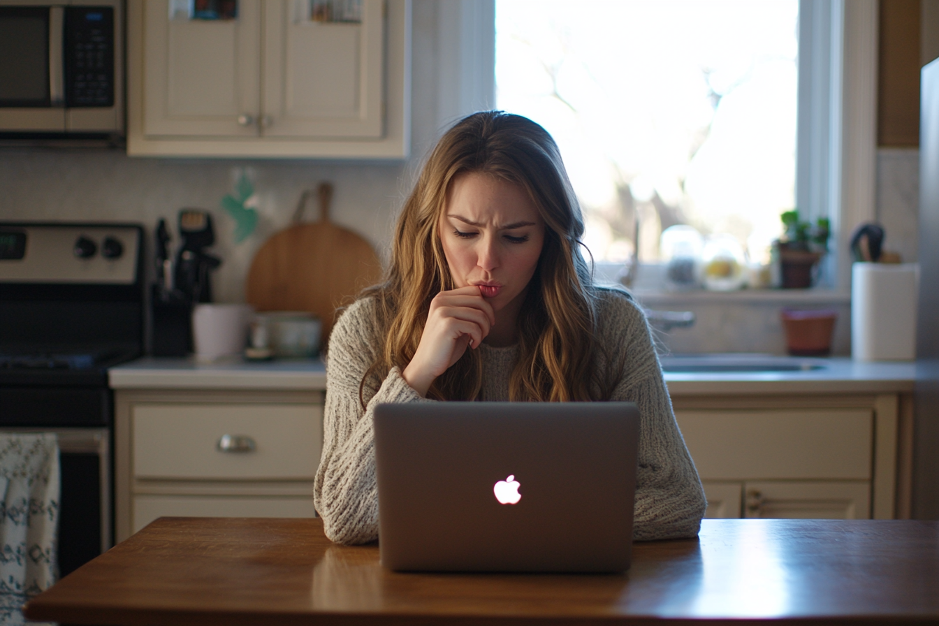 Eine Frau, die nachdenklich auf ihren Laptop starrt | Quelle: Midjourney