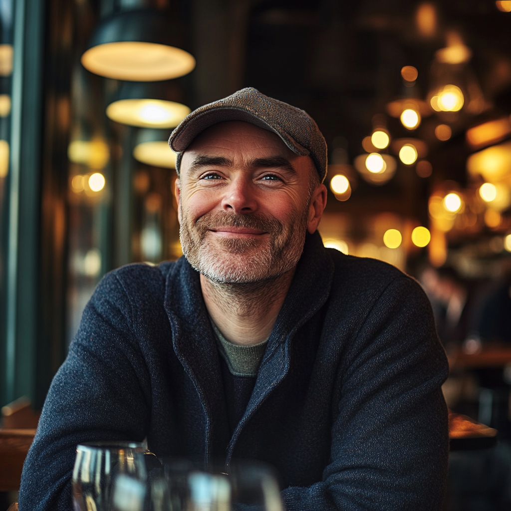 Ein Mann mit einem verschmitzten Lächeln sitzt in einem gehobenen Restaurant | Quelle: Midjourney
