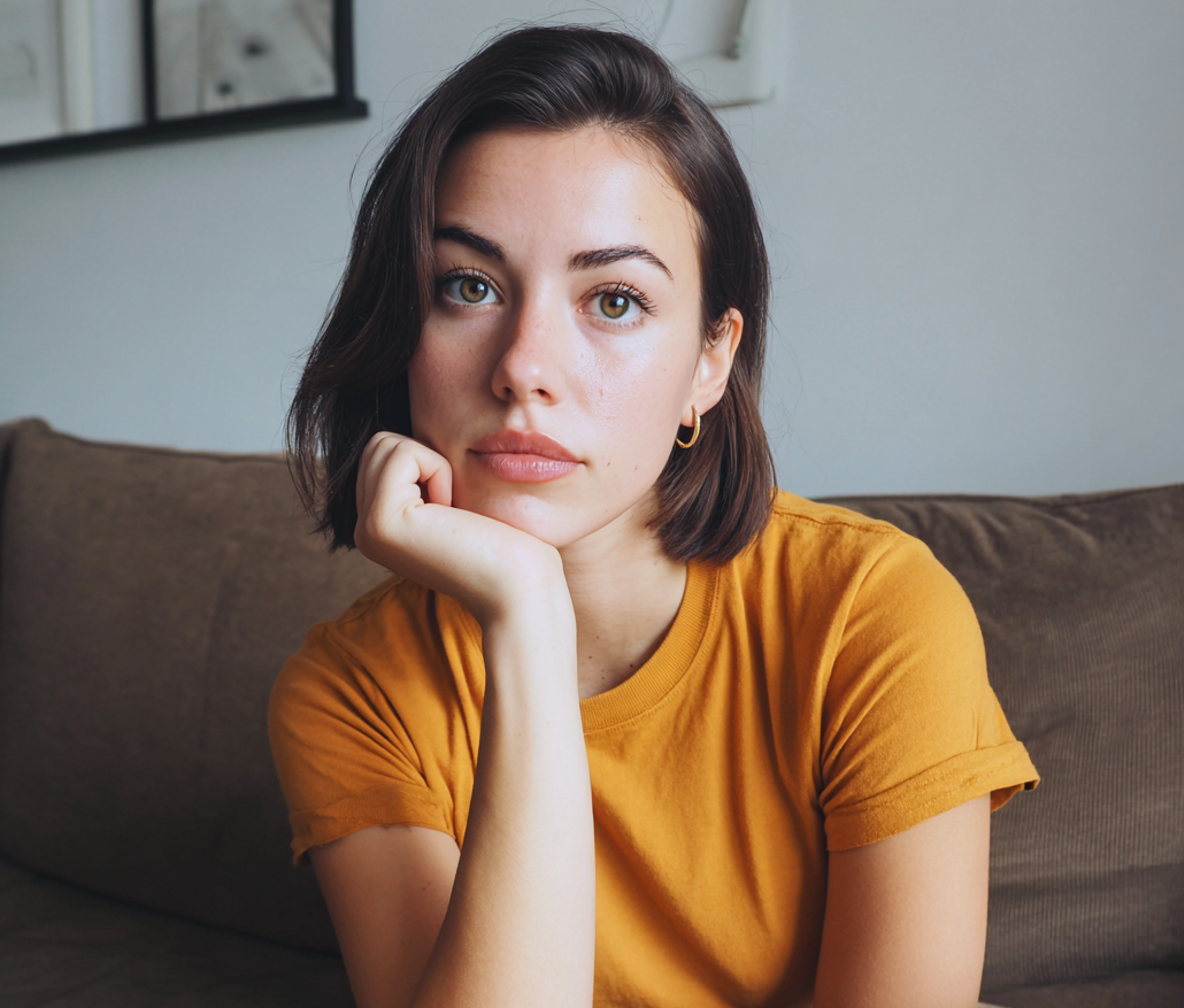 Eine nachdenkliche Frau sitzt auf einer Couch | Quelle: Midjourney