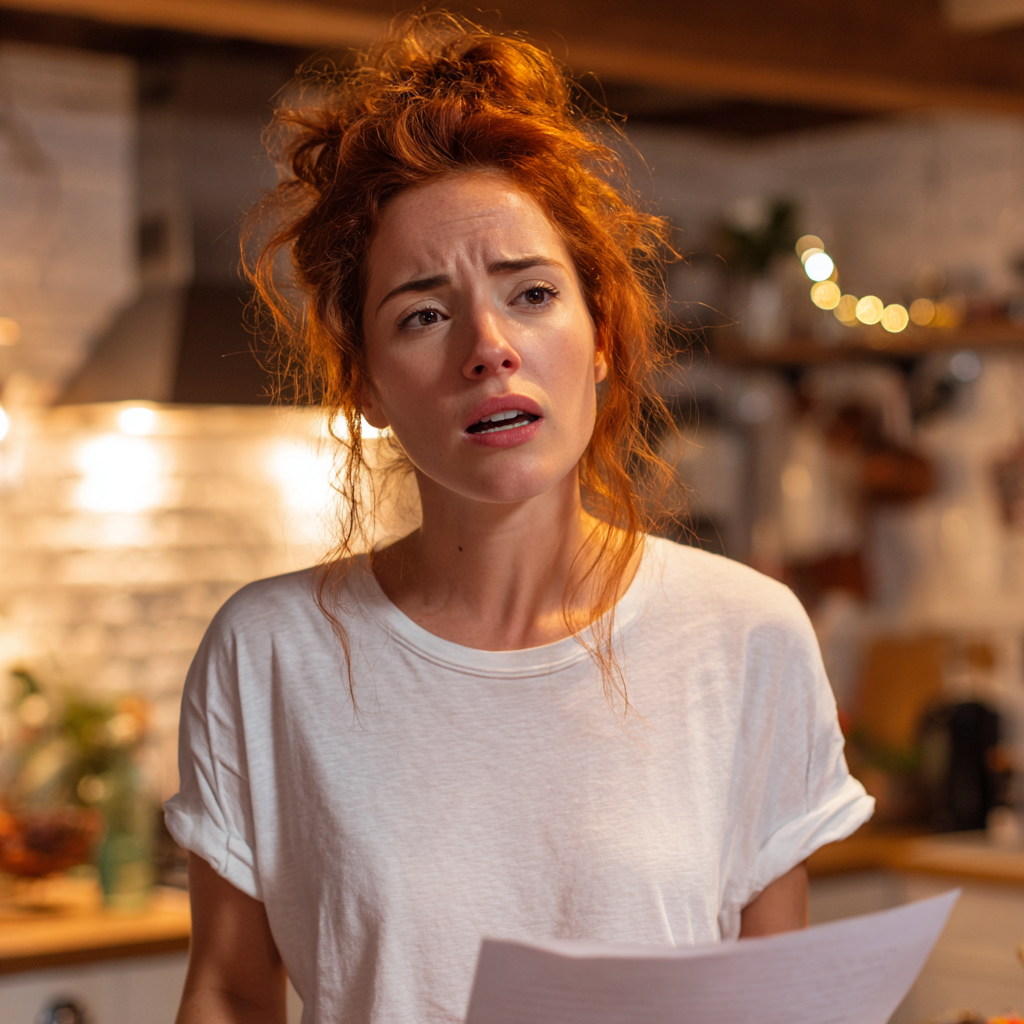 Eine stirnrunzelnde Frau, die ein Stück Papier hält | Quelle: Midjourney