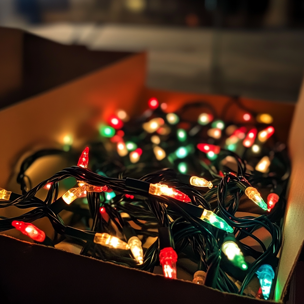 Eine Schachtel mit Weihnachtsbeleuchtung | Quelle: Midjourney