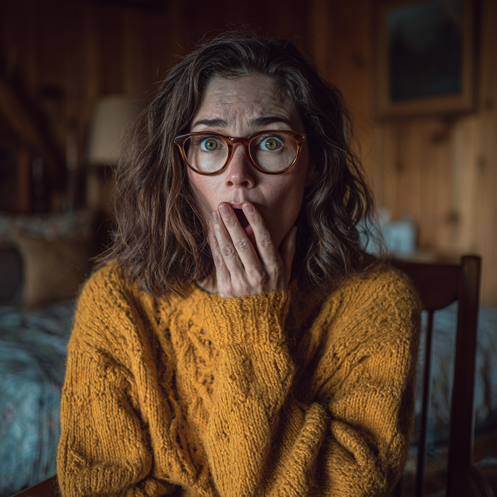 Eine geschockte Frau, die einen senffarbenen Pullover trägt | Quelle: Midjourney