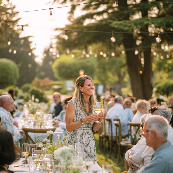 Eine Frau, die auf einer Hochzeit einen Toast ausspricht | Quelle: Midjourney