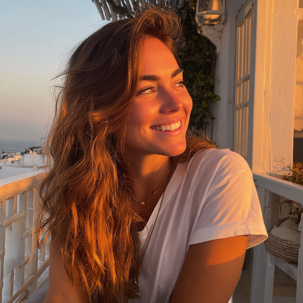 Eine lächelnde Frau, die auf einem Balkon sitzt | Quelle: Midjourney