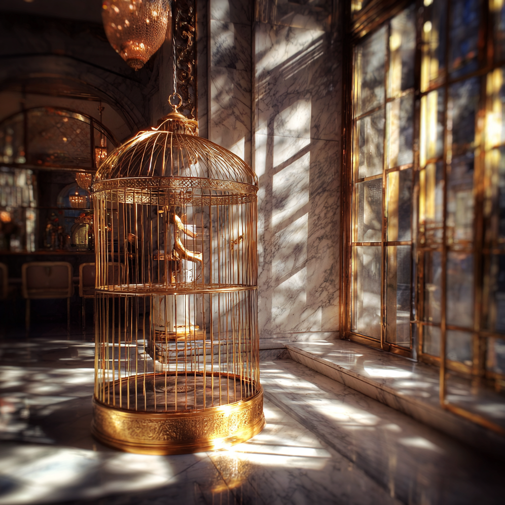 Ein goldener Vogelkäfig | Quelle: Midjourney