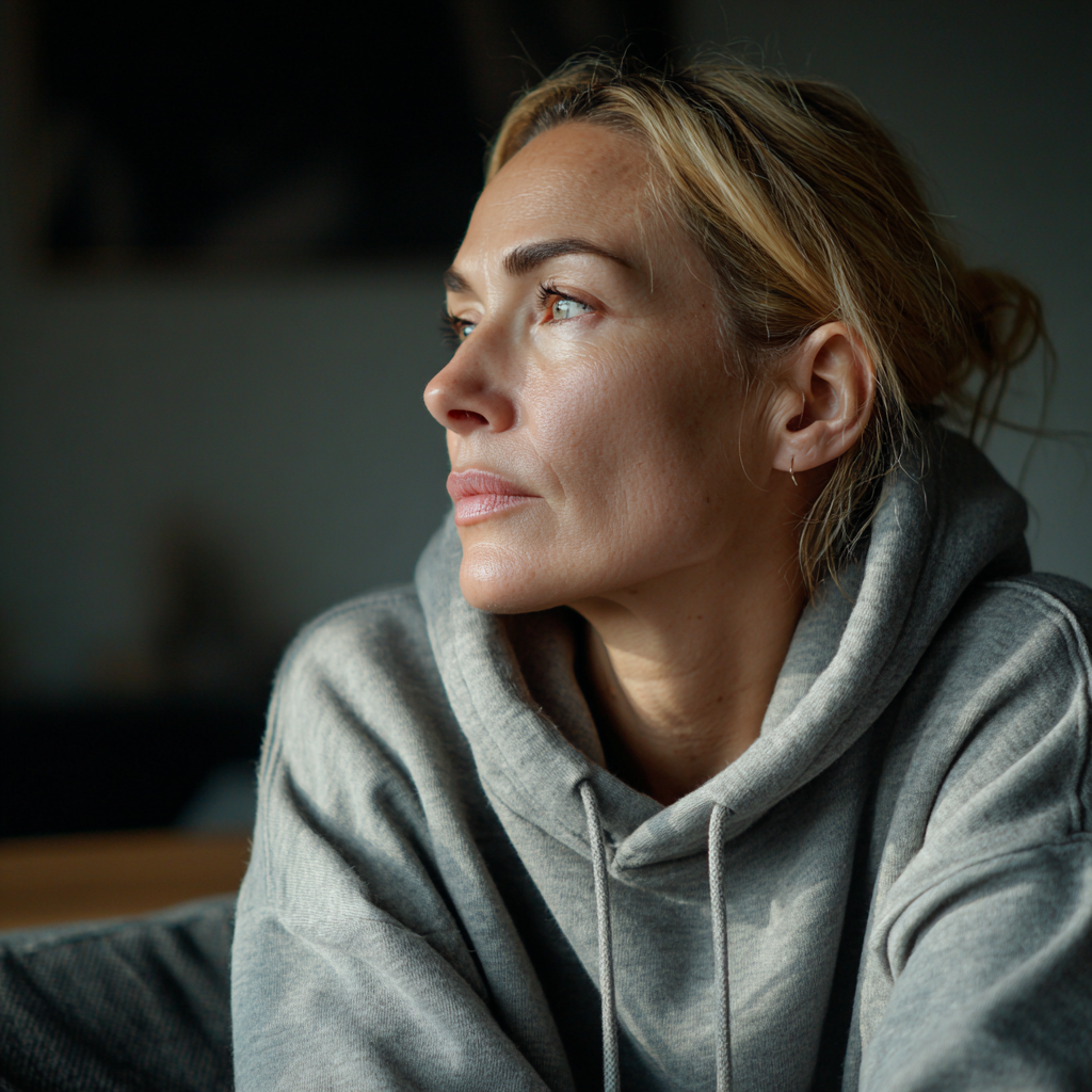 Eine emotionale Frau, die auf einer Couch sitzt | Quelle: Midjourney