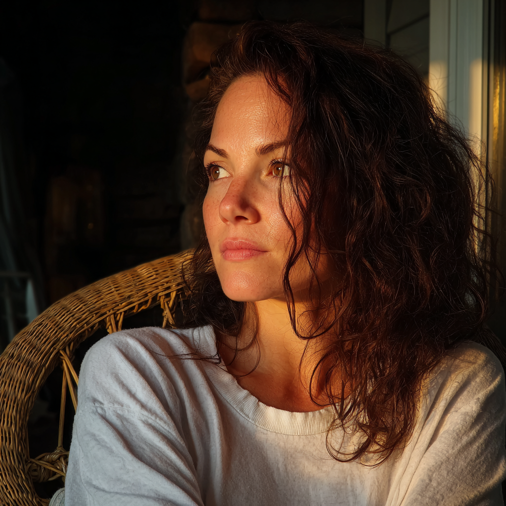 Eine Frau, die auf einer Veranda sitzt | Quelle: Midjourney