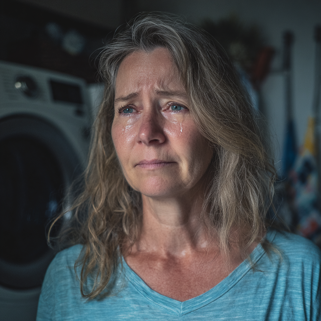 Eine weinende Frau in einer Waschküche | Quelle: Midjourney