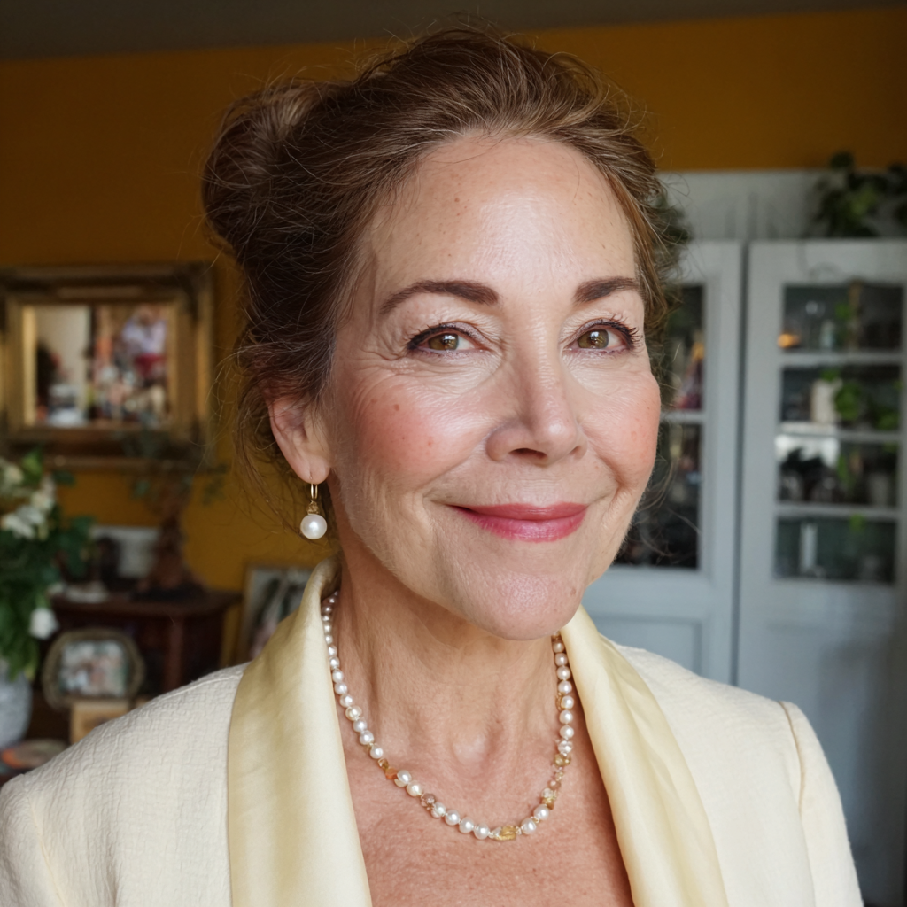 Eine lächelnde ältere Frau, die Perlen trägt | Quelle: Midjourney