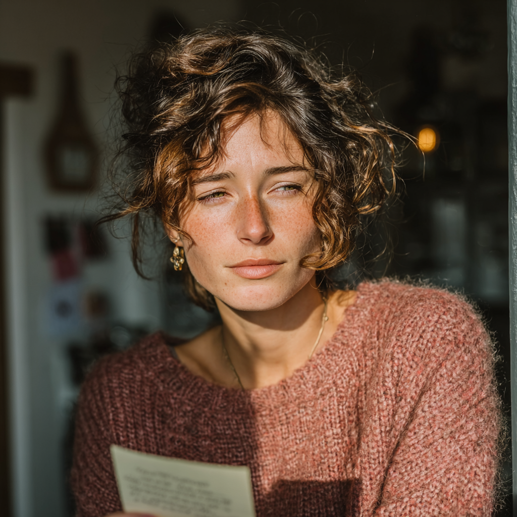 Eine Frau, die blinzelt, während sie einen Zettel liest | Quelle: Midjourney