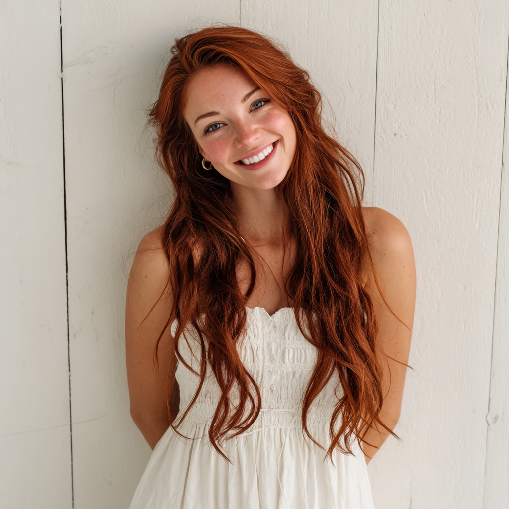 Eine lächelnde Frau in einem weißen Kleid | Quelle: Midjourney