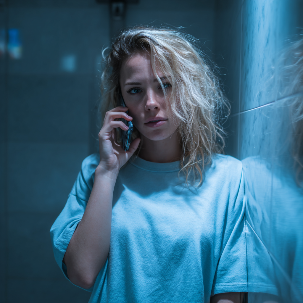 Eine Frau, die in einem Badezimmer steht und telefoniert | Quelle: Midjourney