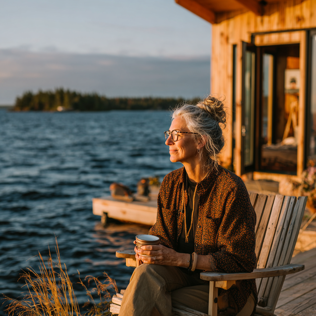 Eine glückliche Frau vor einer Hütte am See | Quelle: Midjourney