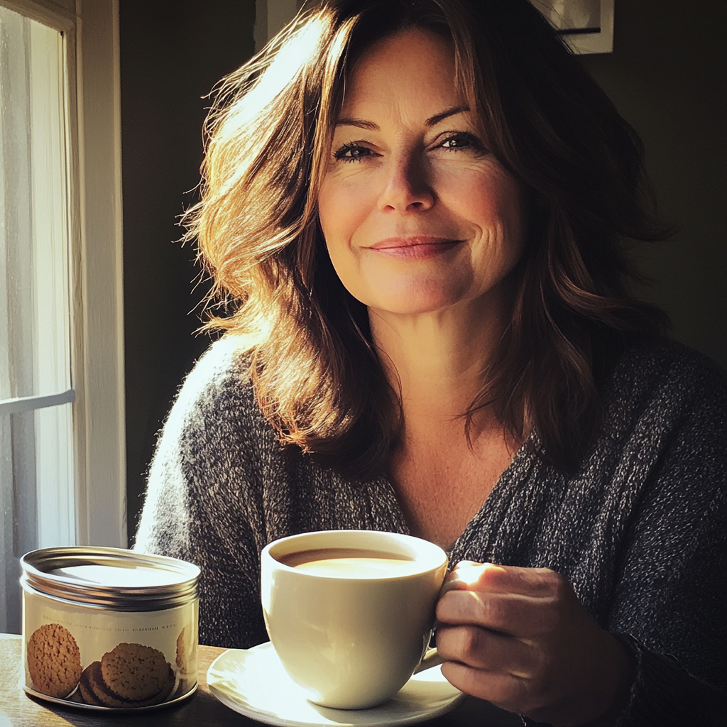 Eine Frau sitzt mit einer Tasse Kaffee | Quelle: Midjourney