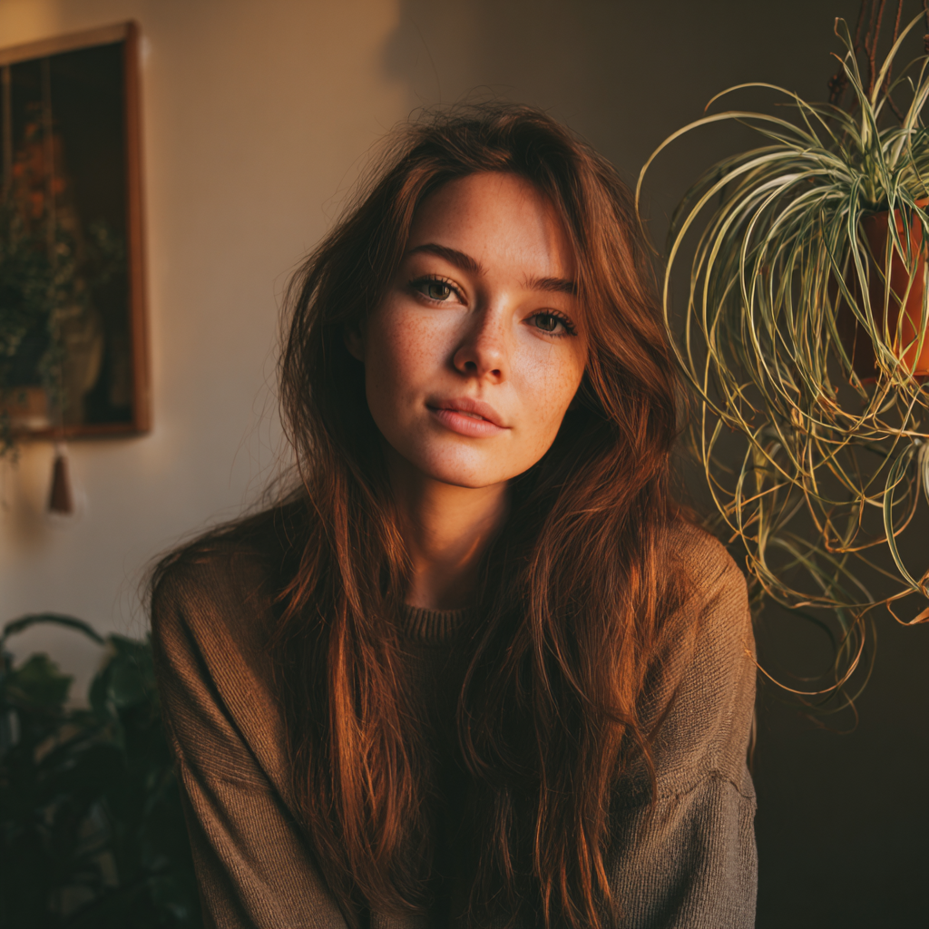 Eine lächelnde Frau, die in einer Wohnung sitzt | Quelle: Midjourney