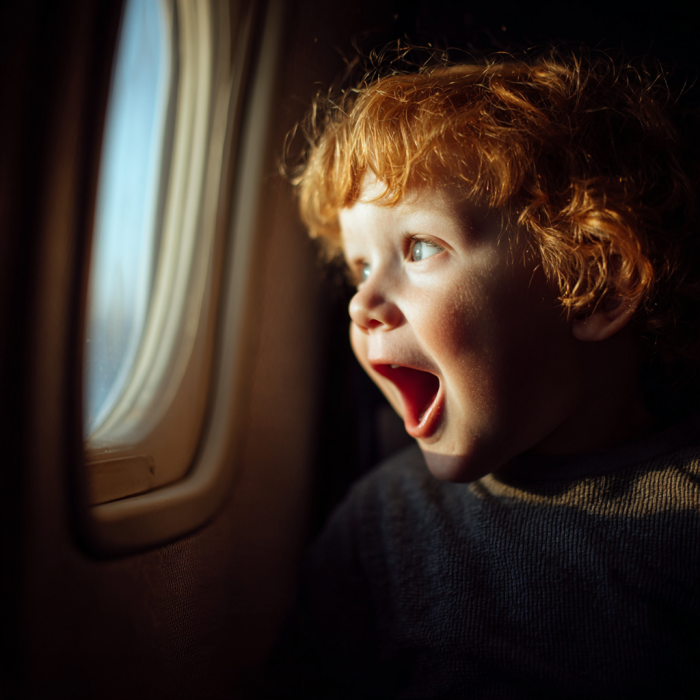 Ein aufgeregter Junge schaut aus dem Flugzeugfenster | Quelle: Midjourney