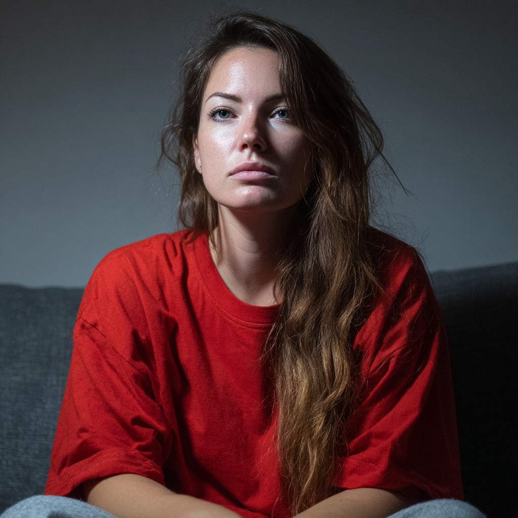 Eine nachdenkliche Frau sitzt auf einer Couch | Quelle: Midjourney