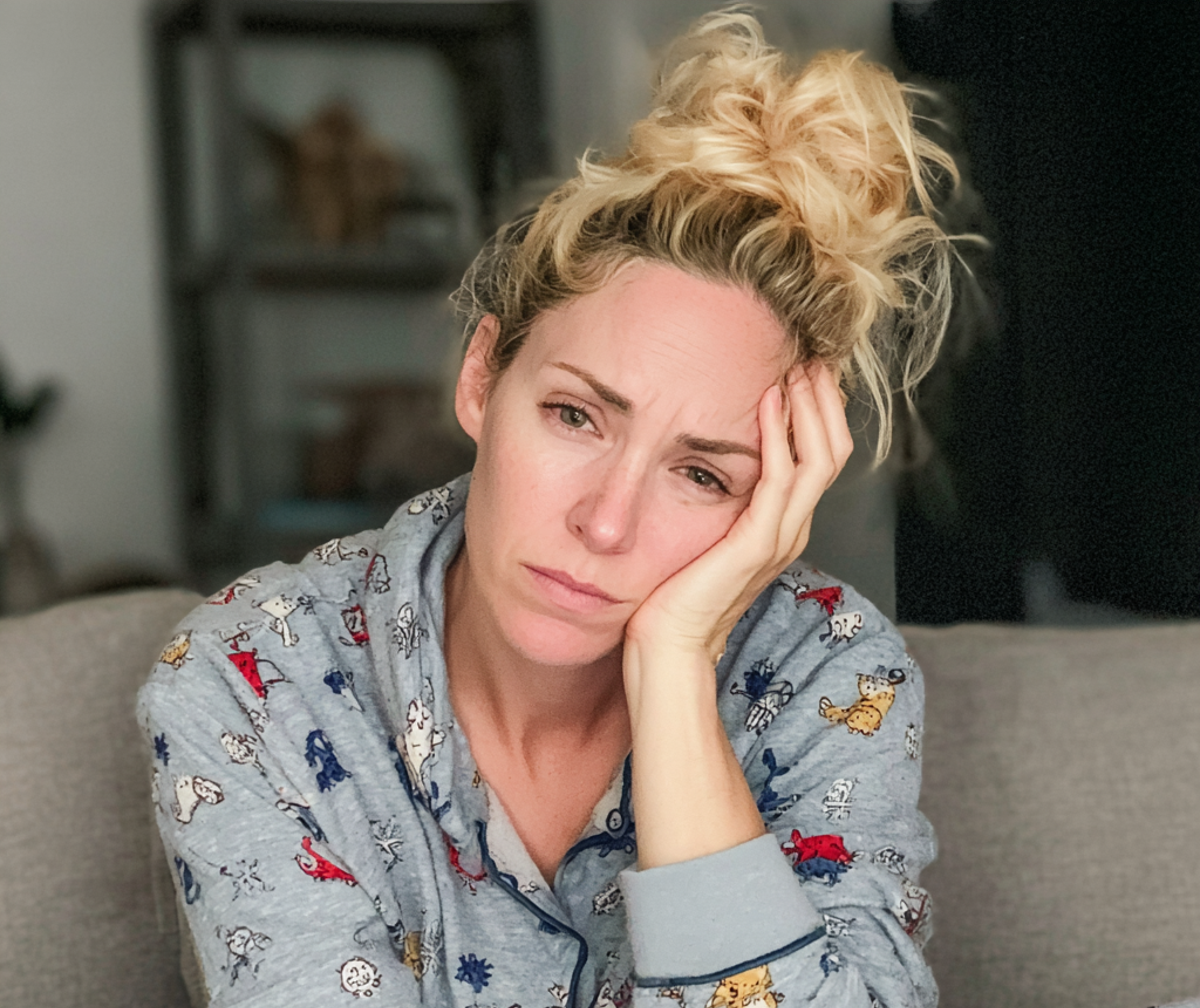 Eine emotionale Frau im Pyjama | Quelle: Midjourney