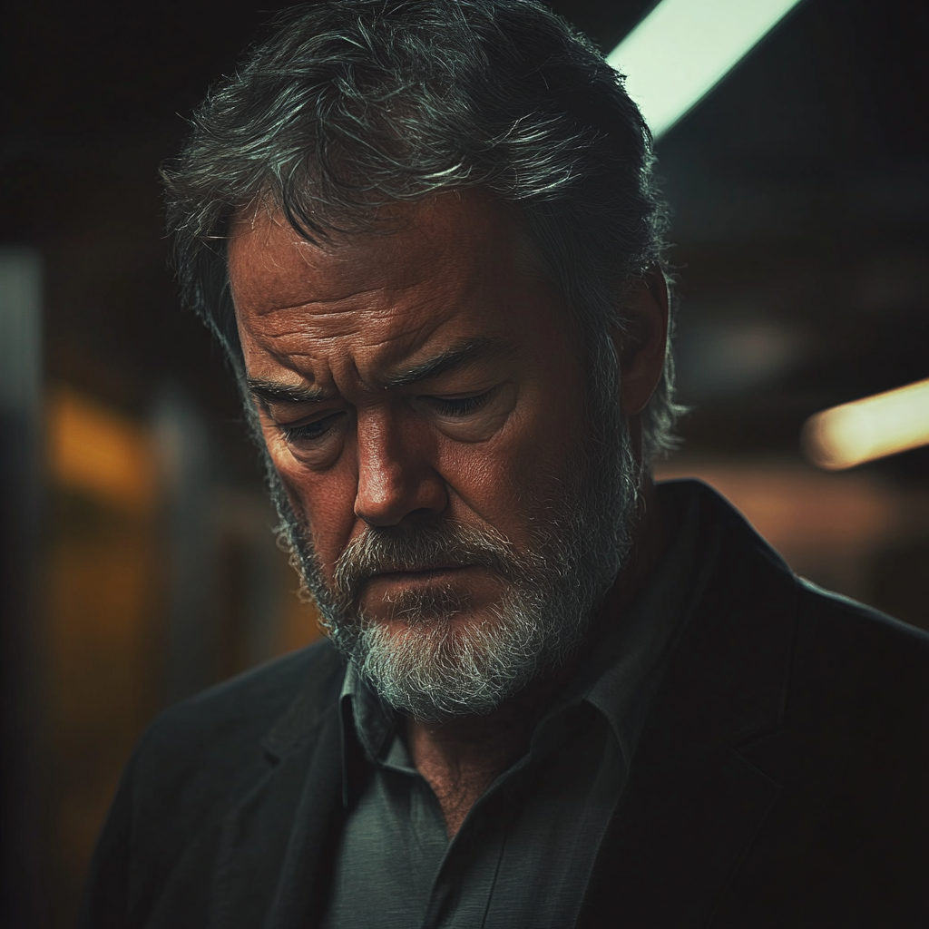 Ein emotionaler Mann mit gesenktem Blick | Quelle: Midjourney