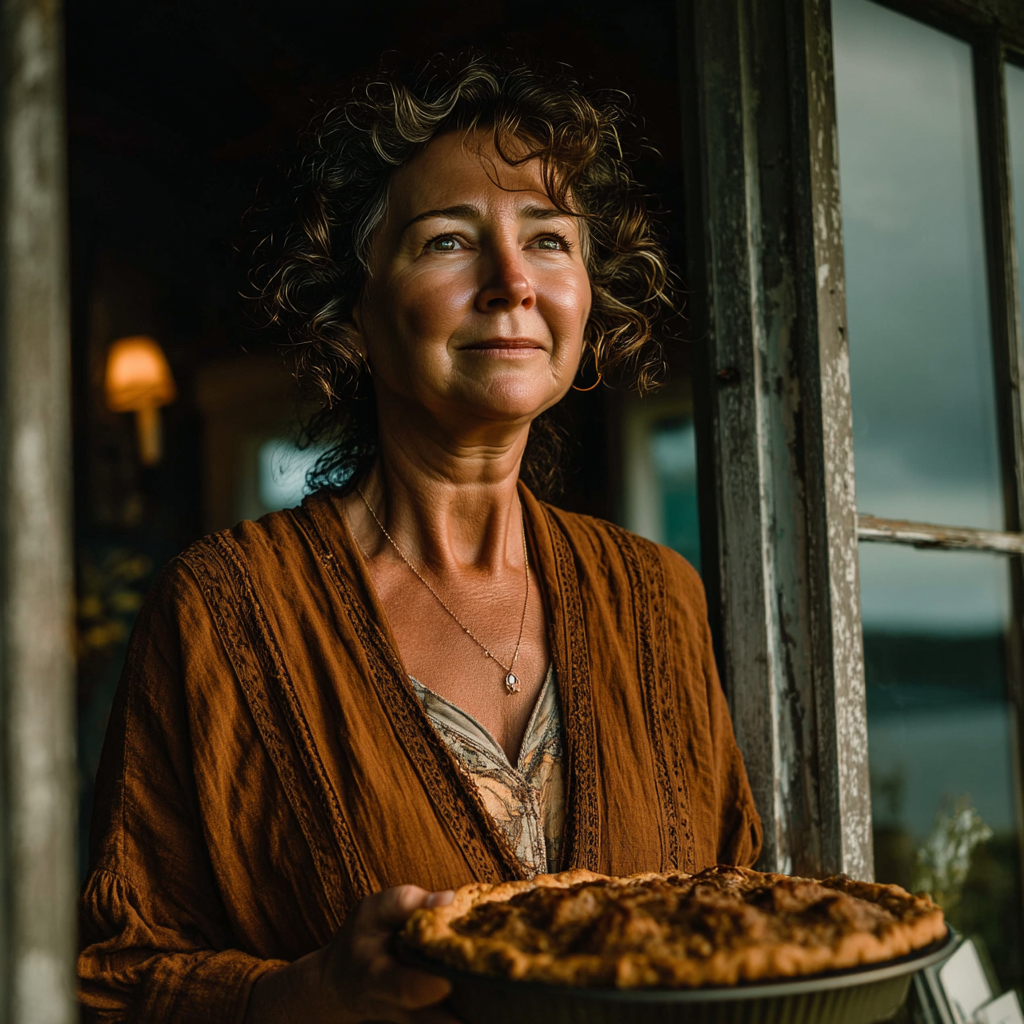 Eine Frau hält eine Torte in der Hand, während sie zu Besuch ist | Quelle: Midjourney